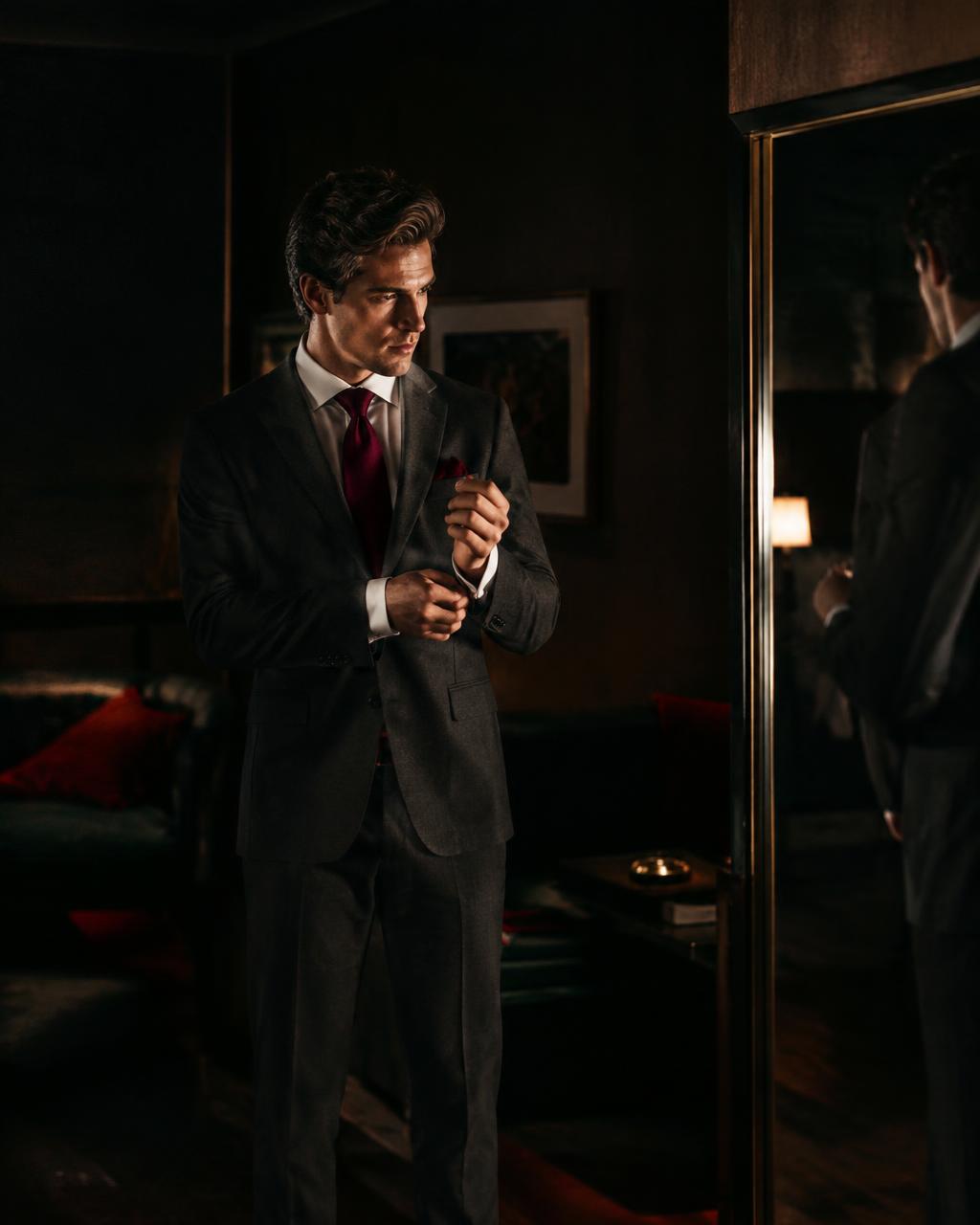 Man in a suit adjusting his cuff before leaving